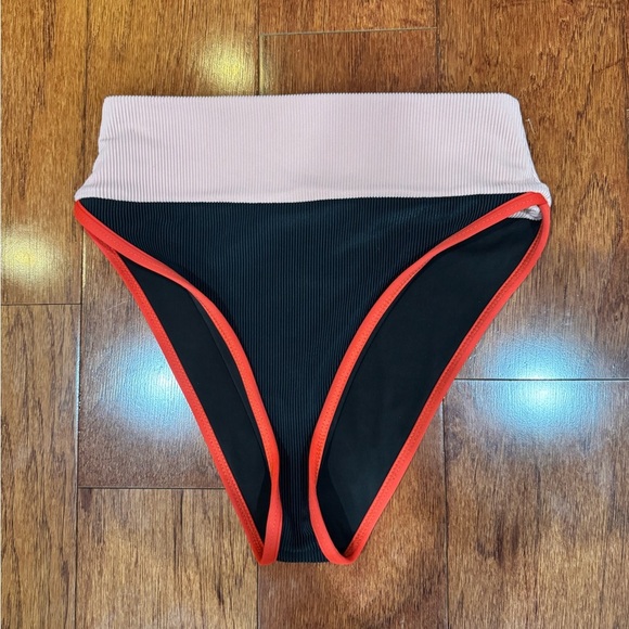 Beach Riot Ribbed Black and Pink High-Waisted Bikini Bottom - Picture 1 of 2